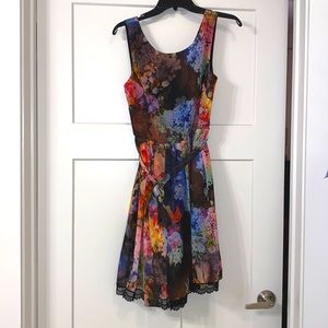 BETSY JOHNSON FIT & FLARE MULTICOLOR FLOWER MIDI DRESS - SIZE 8